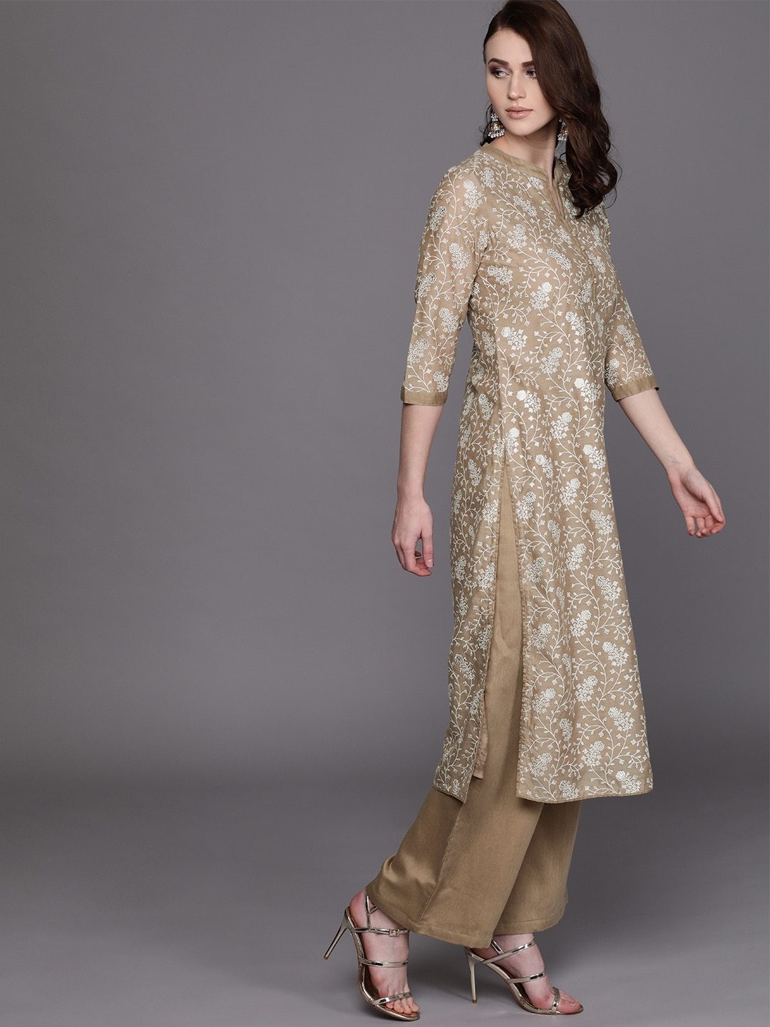 Women's  Beige & White Printed Kurta with Palazzos