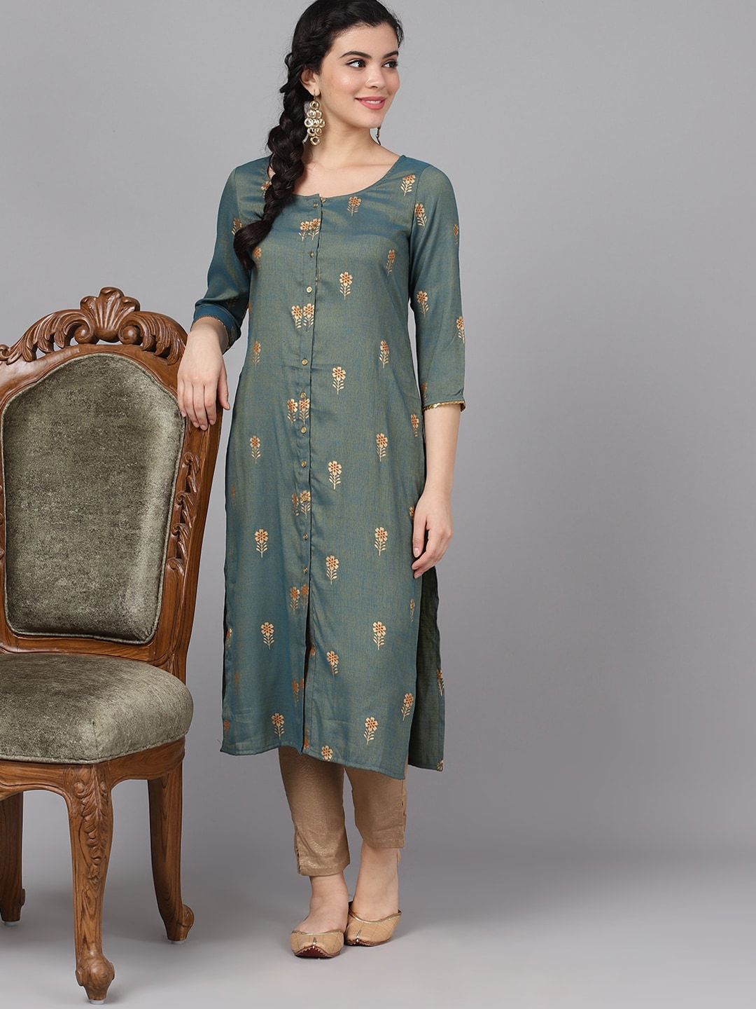 Women's  Green & Gold-Toned Printed A-Line Kurta