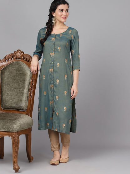 Women's  Green & Gold-Toned Printed A-Line Kurta
