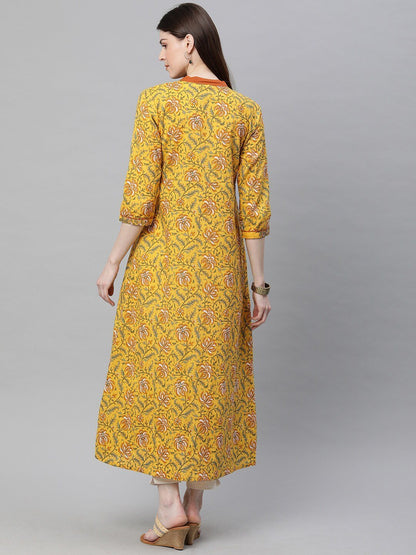 Women's  Mustard Yellow Printed A-Line Kurta