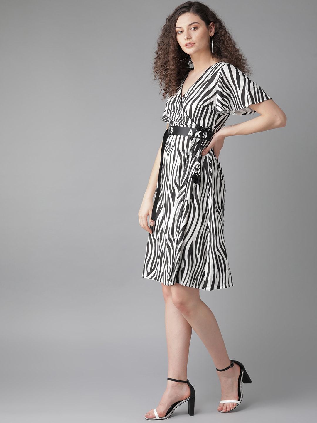 Women's  White & Black Animal Printed Wrap Dress
