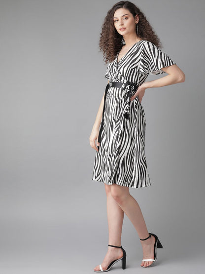 Women's  White & Black Animal Printed Wrap Dress