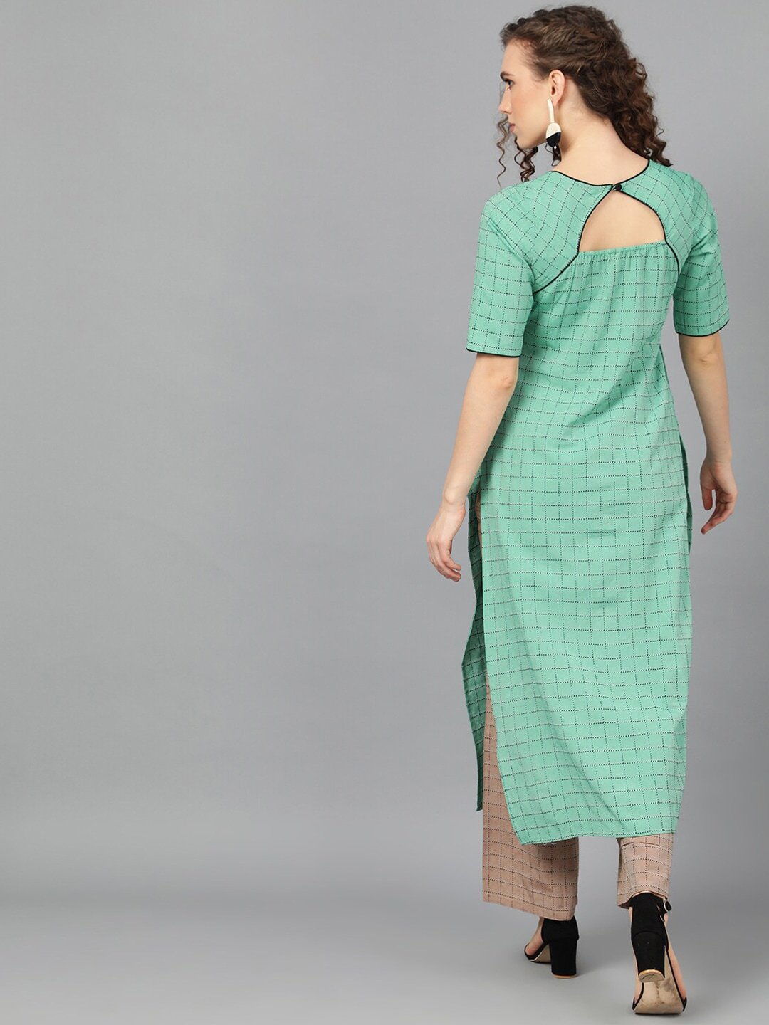 Women's  Green & Brown Checked Kurta with Palazzos