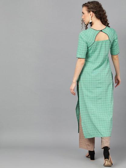 Women's  Green & Brown Checked Kurta with Palazzos