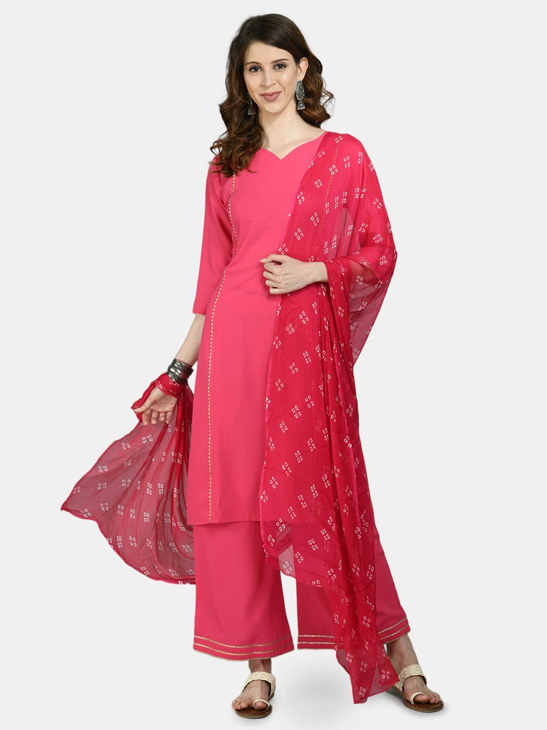 Women's Pink Viscose Solid 3/4 Sleeve V Neck Casual kurta Palazzo Dupatta Seta