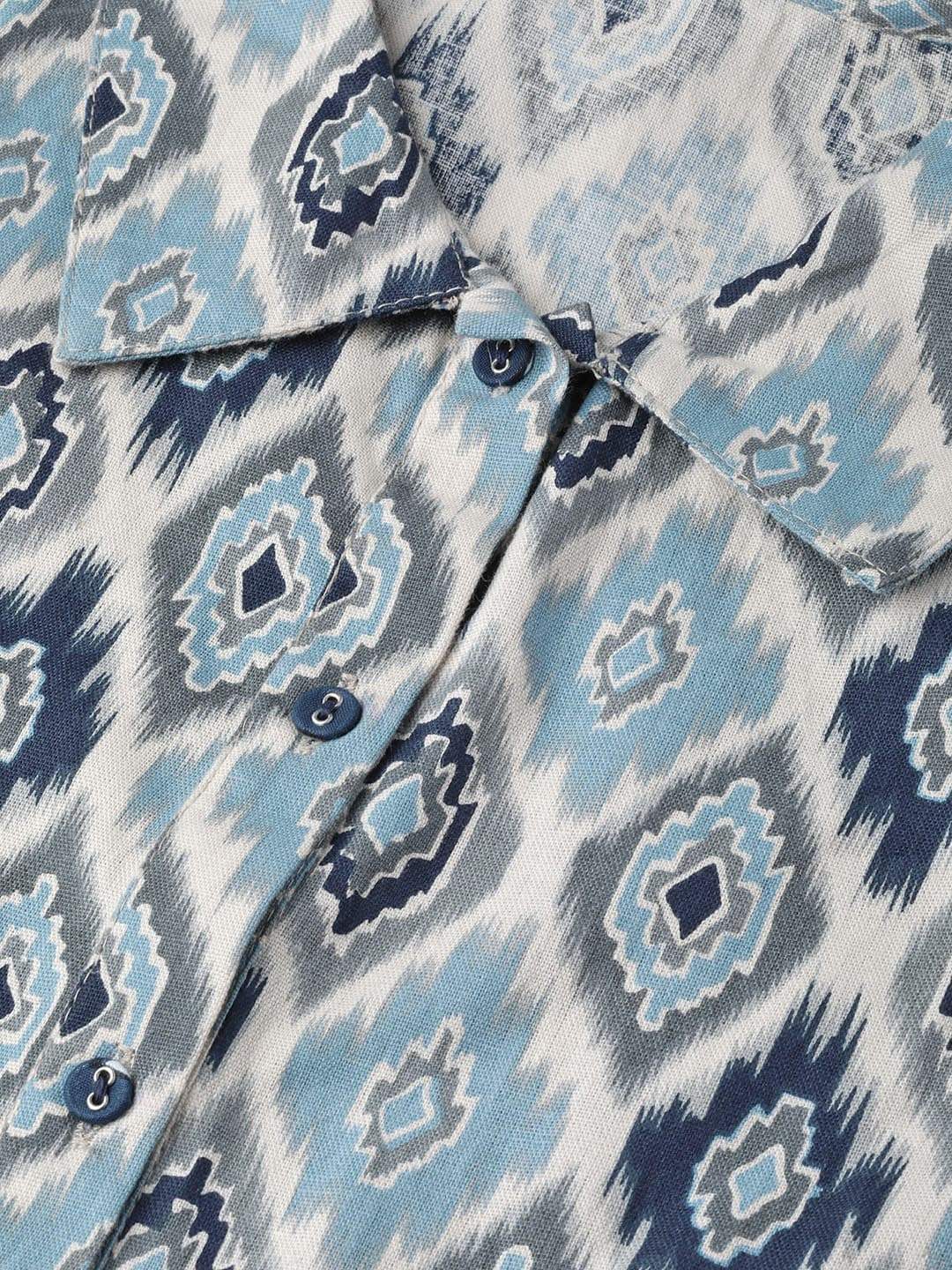 Women's  Blue & Off-White Printed Shirt Dress
