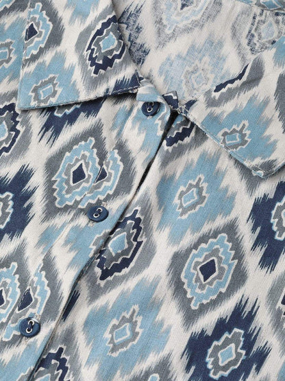 Women's  Blue & Off-White Printed Shirt Dress