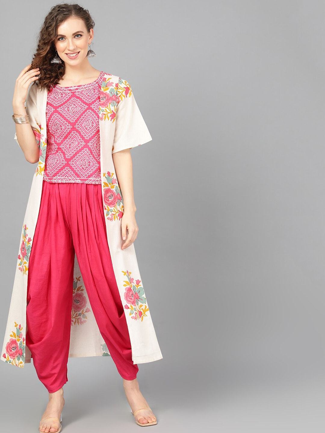 Women's  Off-White & Pink Floral Printed Open Front Shrug