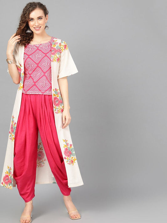 Women's  Off-White & Pink Floral Printed Open Front Shrug