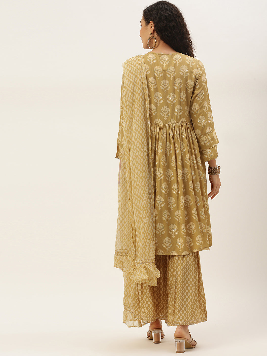 Women's Mustard Color Muslin Foil Printed Kurta Sharara With Dupatta