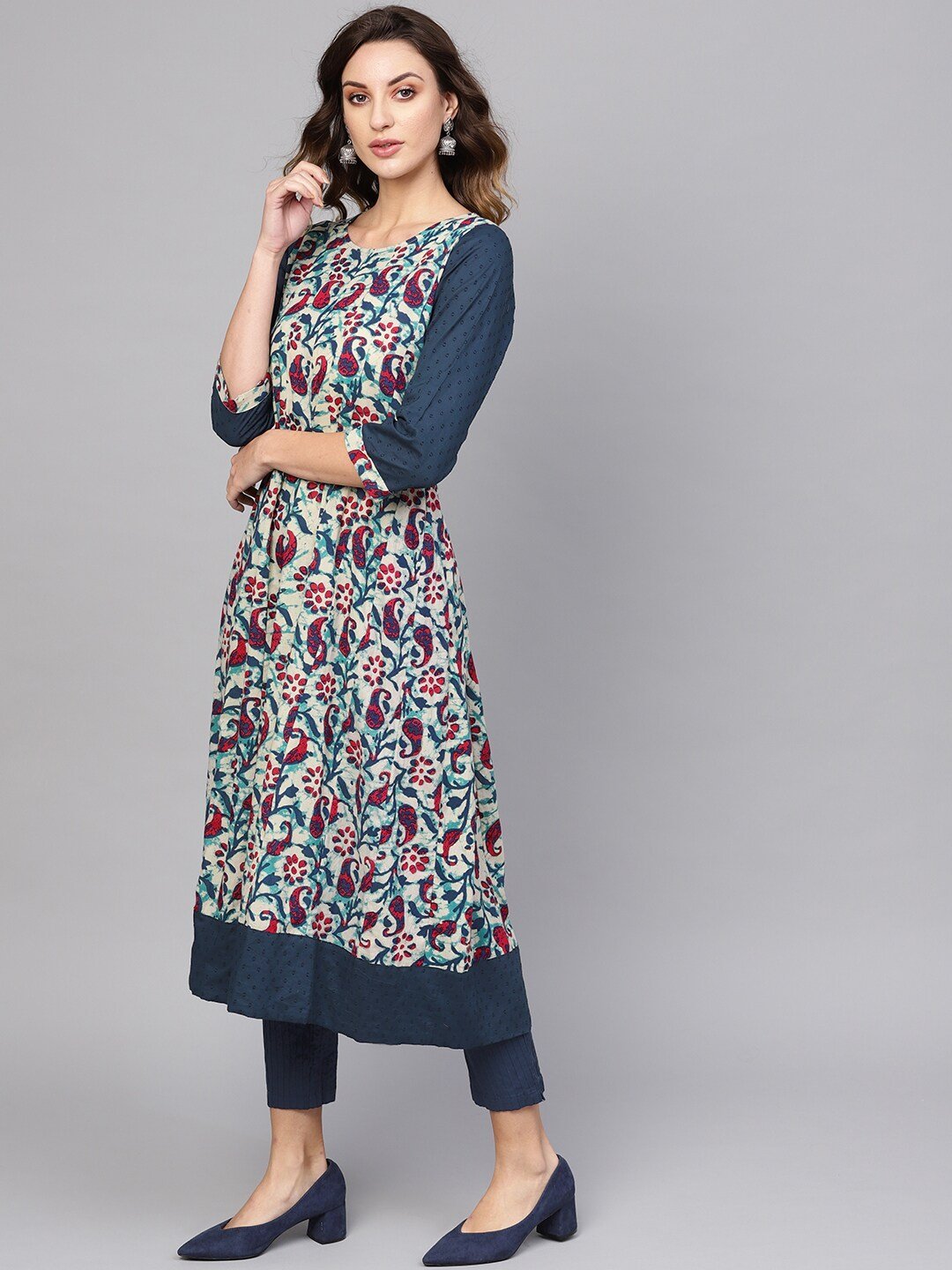 Women's  Off-White & Navy Blue Printed A-Line Kurta