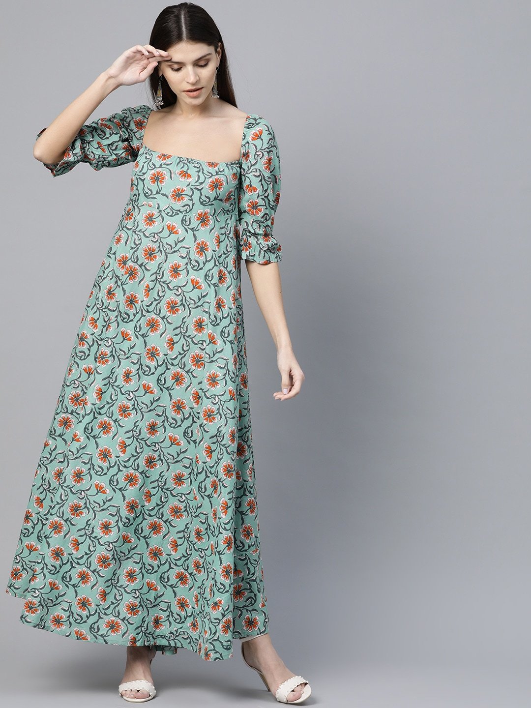 Women's  Green & Orange Printed Maxi Dress