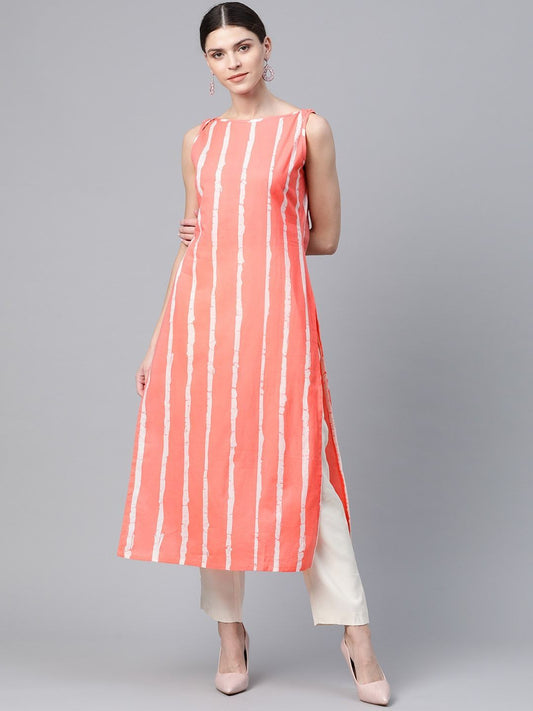 Women's  Coral Pink & White Leheriya Print Straight Kurta