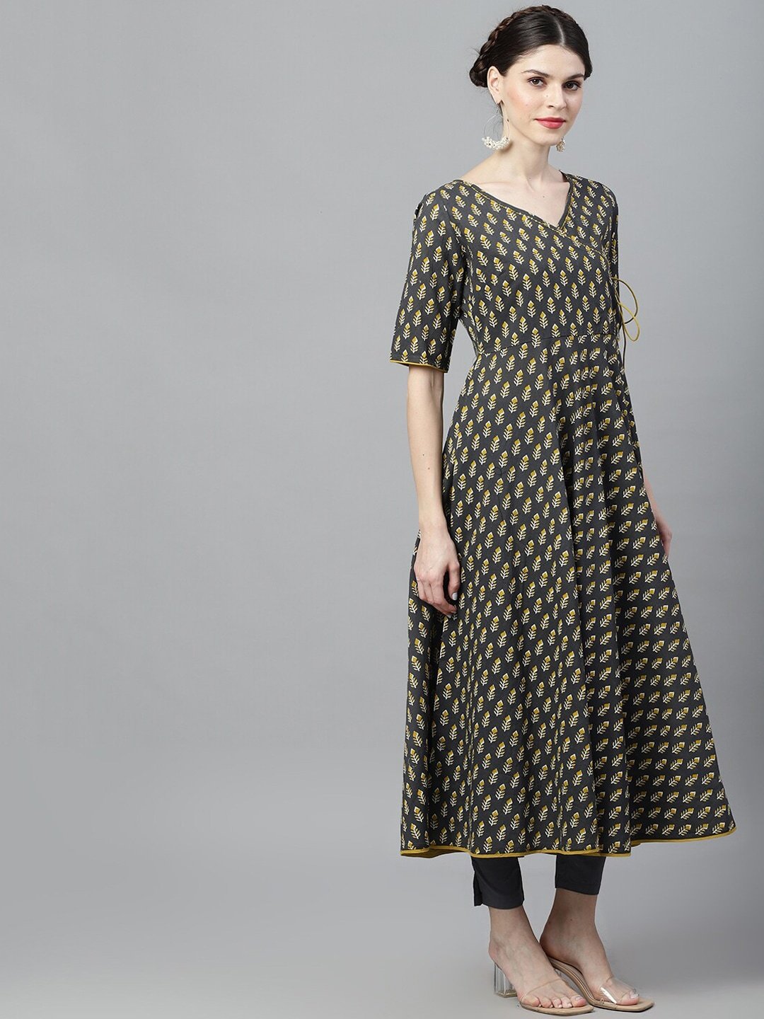 Women's  Grey & Mustard Printed Anarkali Kurta