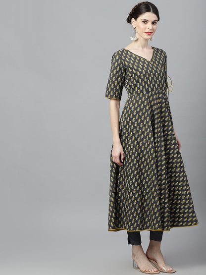 Women's  Grey & Mustard Printed Anarkali Kurta