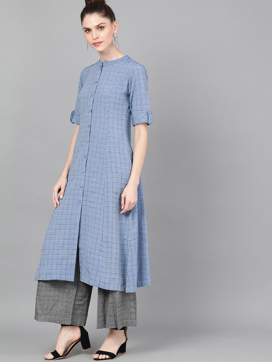 Women's  Blue Woven Design A-Line Kurta