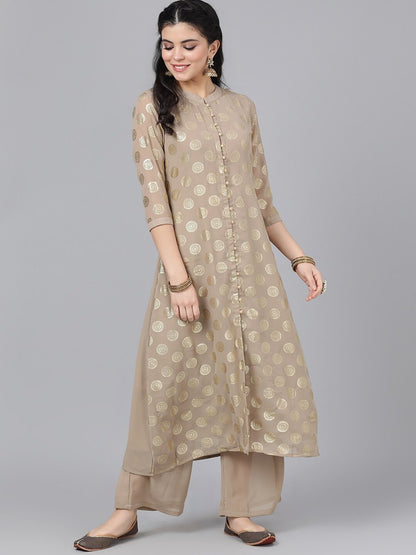 Women's  Taupe & Gold-Toned Woven Design A-Line Kurta