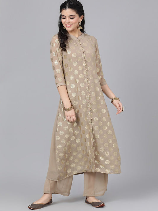 Women's  Taupe & Gold-Toned Woven Design A-Line Kurta