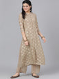 Women's  Taupe & Gold-Toned Woven Design A-Line Kurta