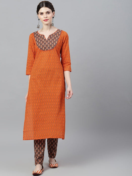 Women's  Orange & Brown Woven Design Straight Kurta