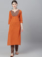 Women's  Orange & Brown Woven Design Straight Kurta