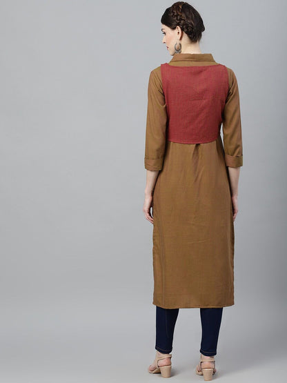 Women's  Olive Green & Maroon Colourblocked Anarkali Kurta