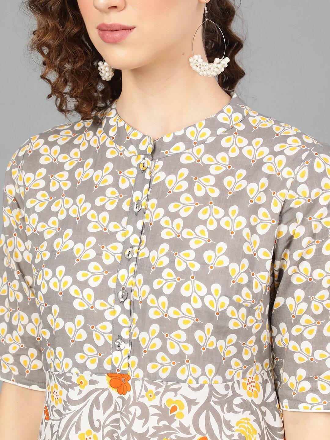 Women's  Grey & Yellow Printed Kurta with Palazzos