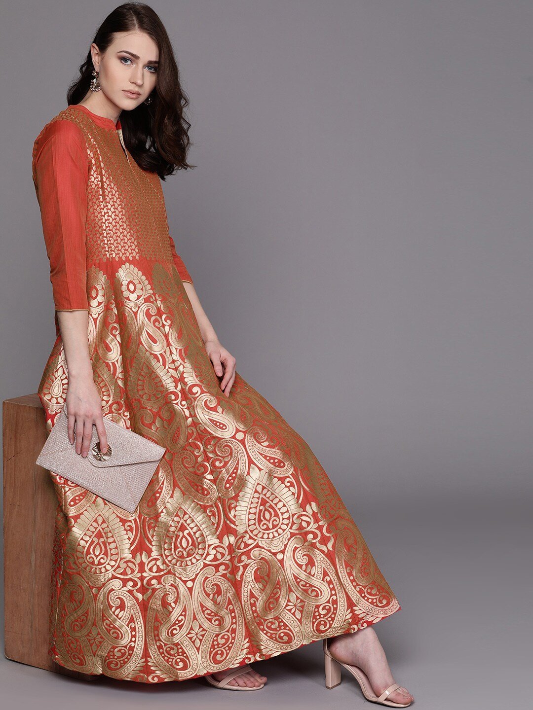 Women's  Orange & Golden Self Design Maxi Dress