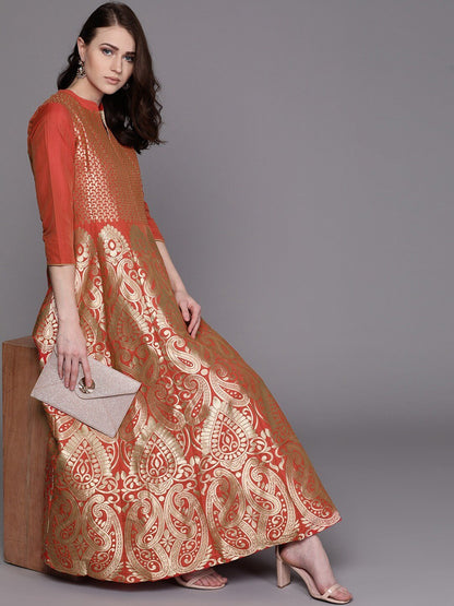 Women's  Orange & Golden Self Design Maxi Dress