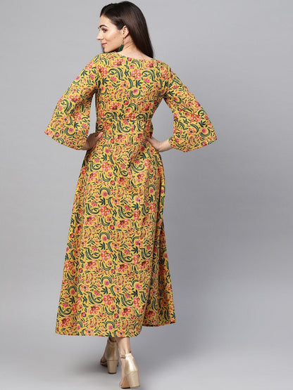 Women's  Mustard Yellow & Green Printed Maxi Dress