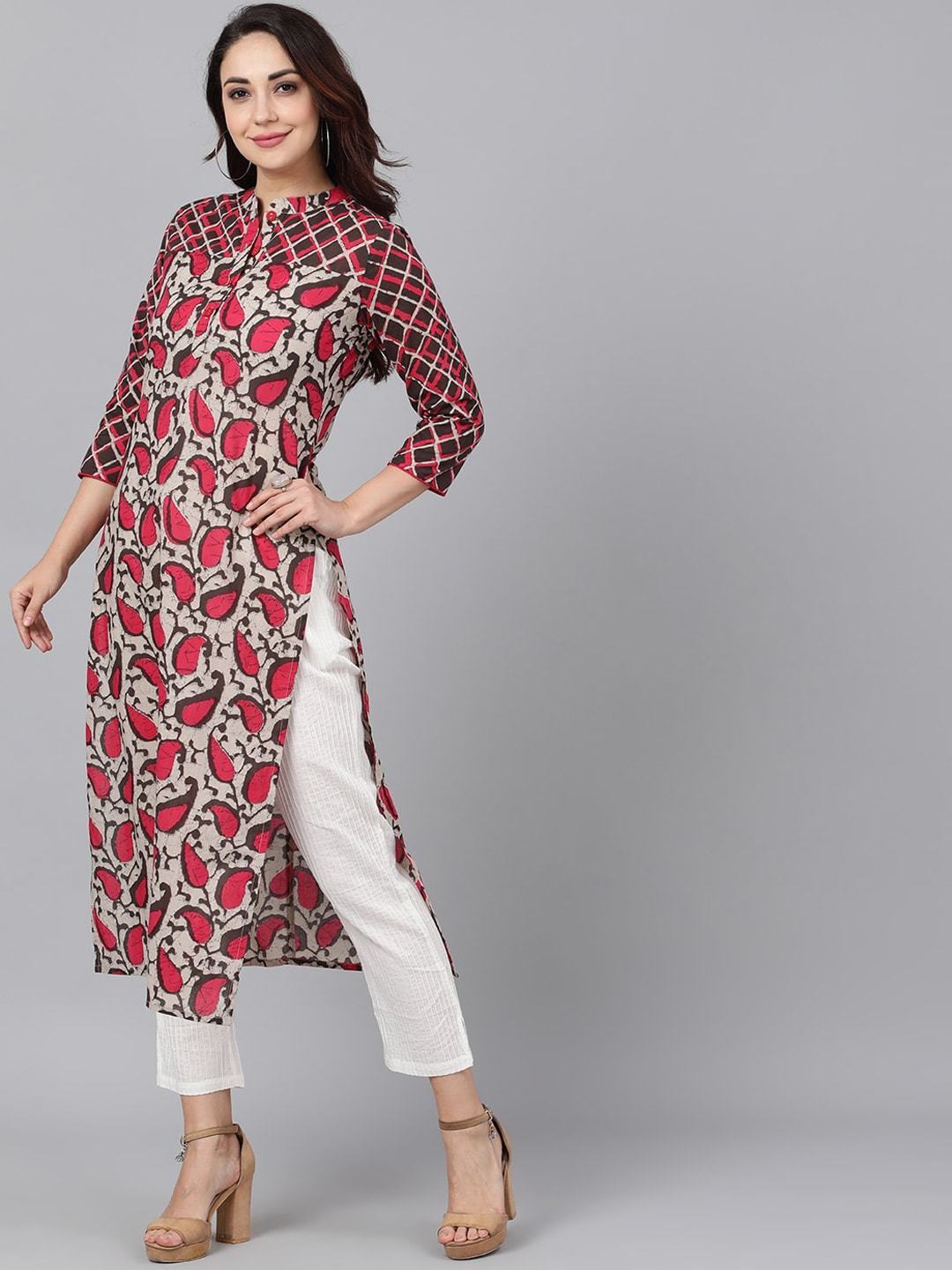 Women's  Brown & Pink Printed Straight Kurta