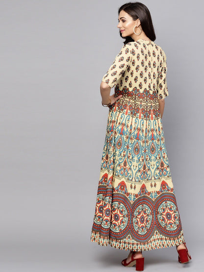 Women's  Cream-Coloured & Blue Printed Maxi Dress