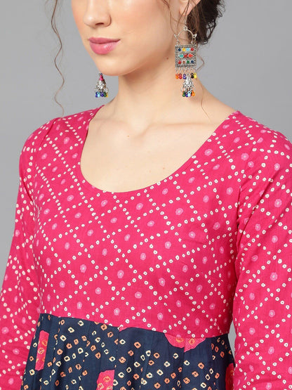 Women's  Navy Blue & Pink Bandhani Printed Anarkali Kurta