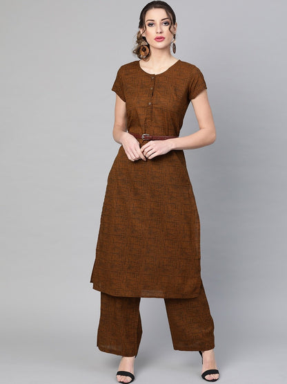 Women's  Mustard Brown & Black Self-Checked Kurta with Palazzos