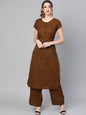 Women's  Mustard Brown & Black Self-Checked Kurta with Palazzos