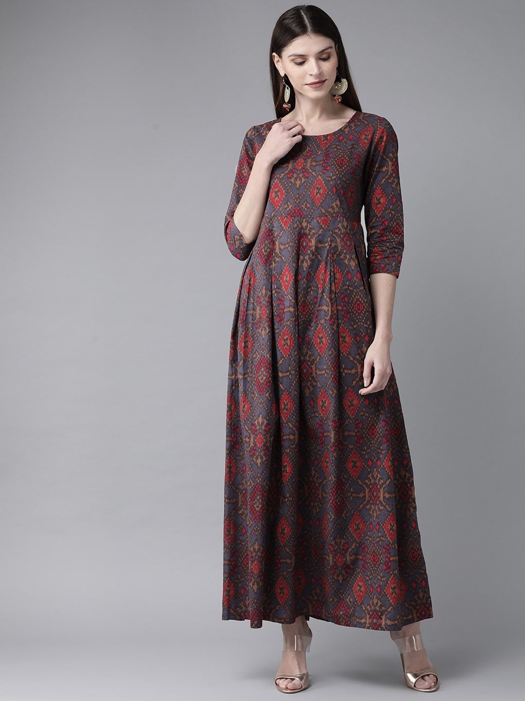 Women's  Grey & Red Printed Maxi Dress