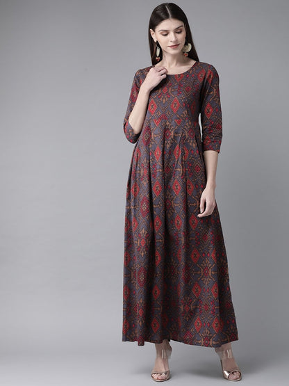 Women's  Grey & Red Printed Maxi Dress