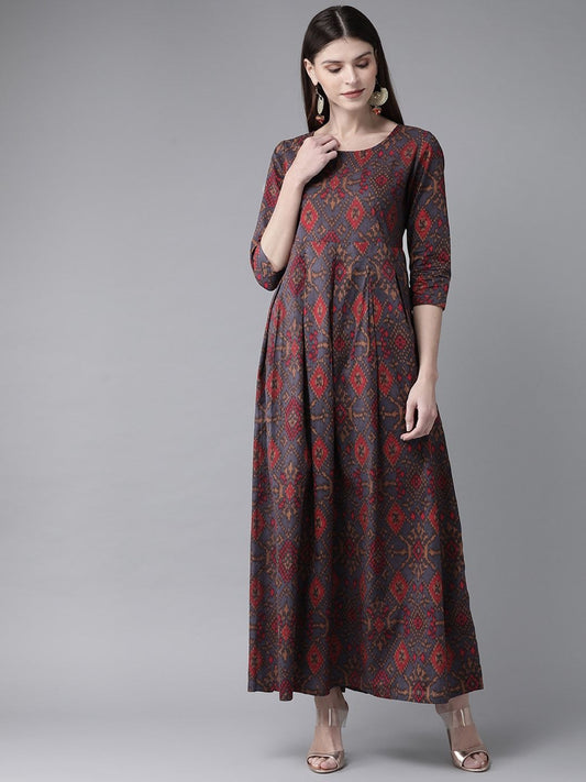 Women's  Grey & Red Printed Maxi Dress
