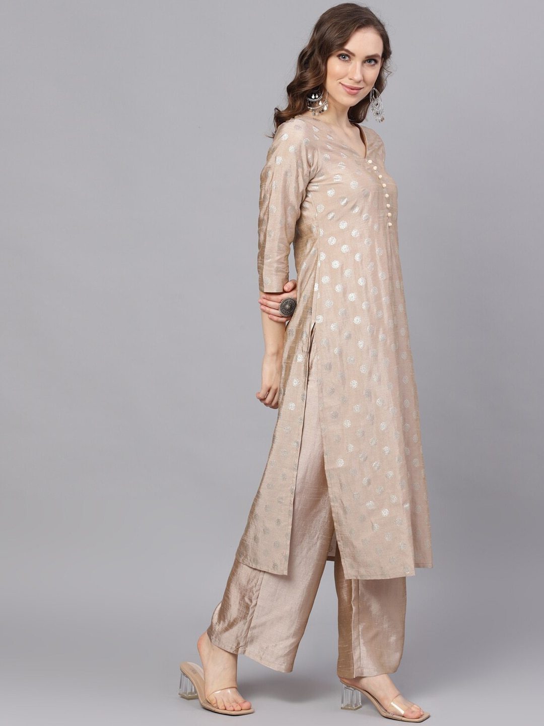 Women's  Beige & Gold-Toned Printed Kurta with Palazzos