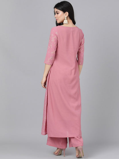 Women's  Pink & Olive Green Self Design Kurta with Palazzos
