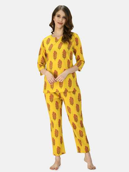 Women's Mustard Cotton Printed Half Sleeve V Neck Casual Night Suit