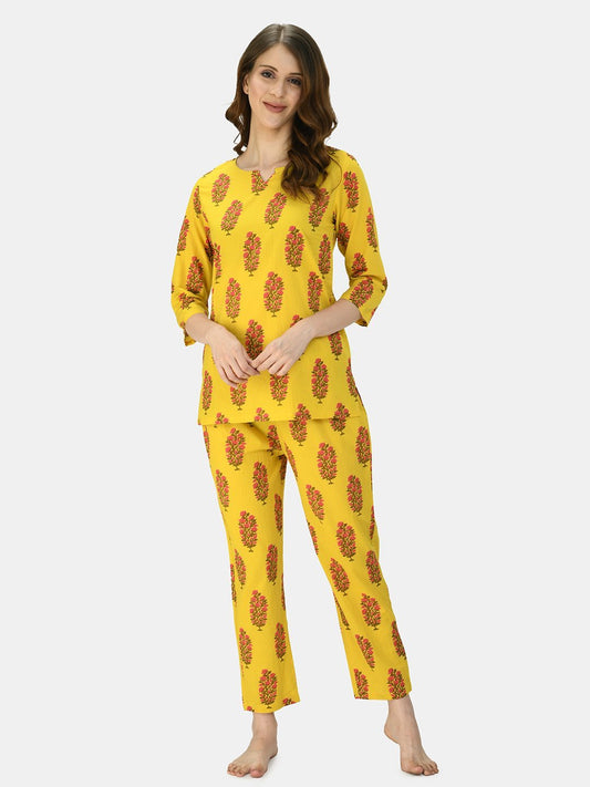 Women's Mustard Cotton Printed Half Sleeve V Neck Casual Night Suit