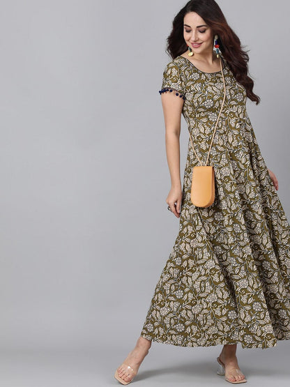 Women's  Olive Green & Beige Printed Maxi Dress