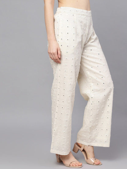 Women's  Off-White Embroidered Flared Palazzos