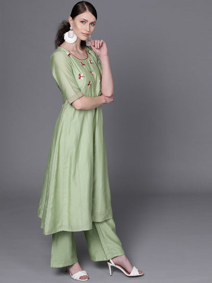 Women's  Green & Red Quirky Yoke Design Anarkali Kurta
