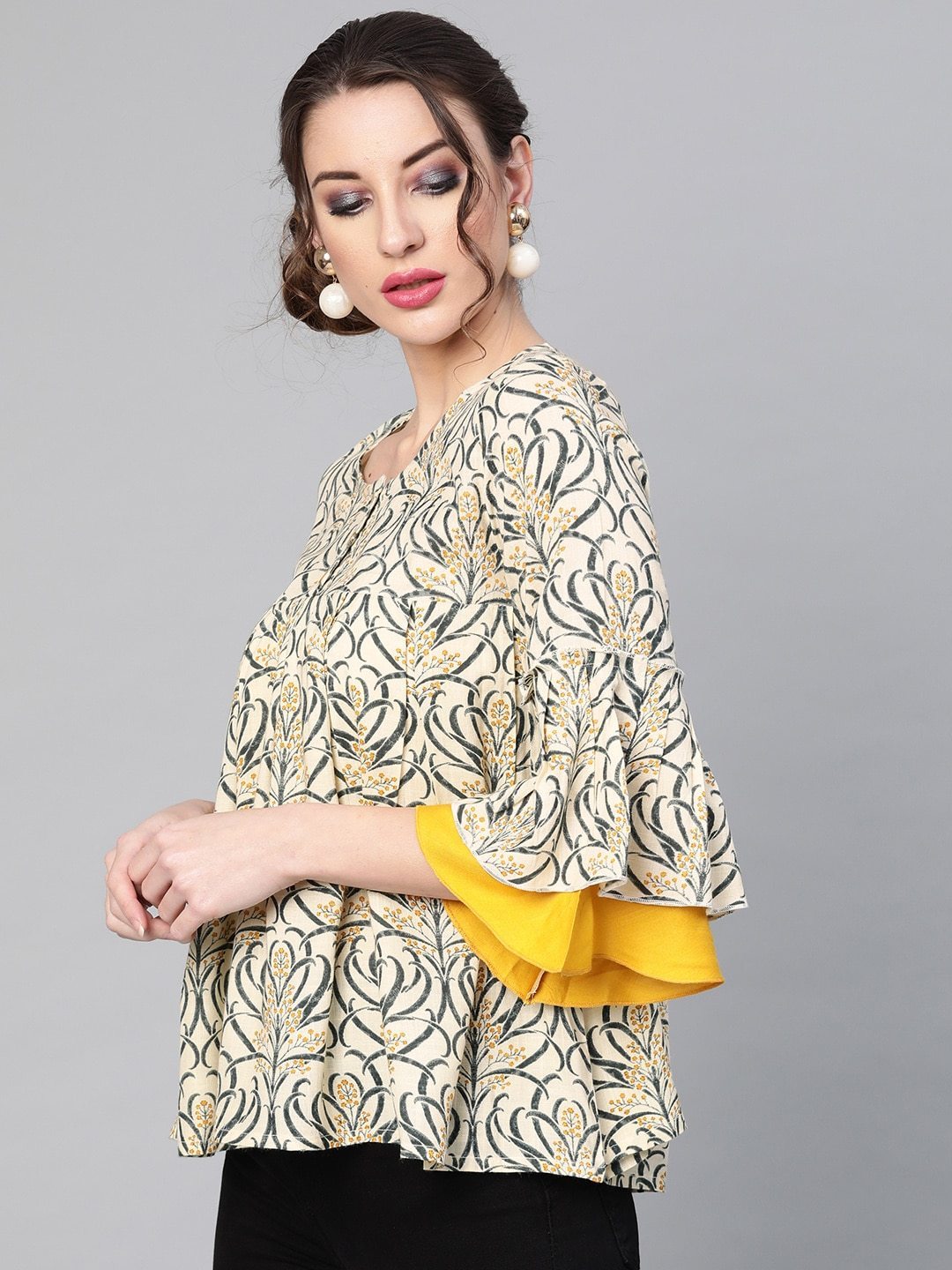 Women's  Cream-Coloured & Navy Blue Printed Tunic