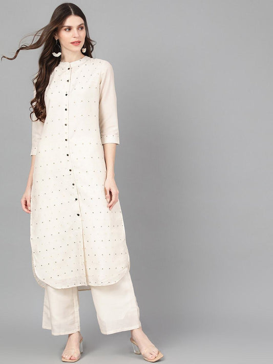 Women's  Off-White & Gold-Coloured Woven Design Straight Kurta