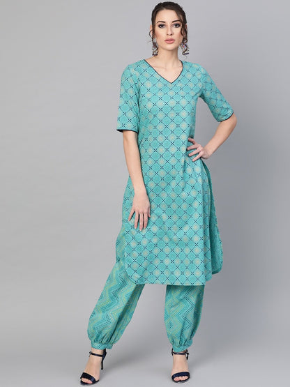 Women's  Blue Printed Kurta with Trousers