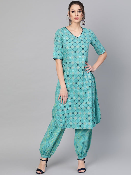 Women's  Blue Printed Kurta with Trousers
