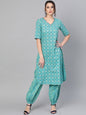 Women's  Blue Printed Kurta with Trousers
